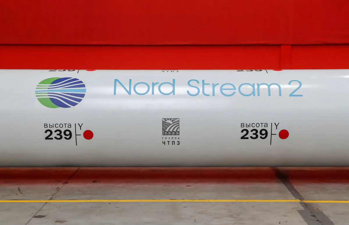 The logo of the Nord Stream 2 gas pipeline project is seen on a large diameter pipe at Chelyabinsk Pipe Rolling Plant owned by ChelPipe Group in Chelyabinsk, Russia, on Feb. 26, 2020. (Maxim Shemetov /Reuters)