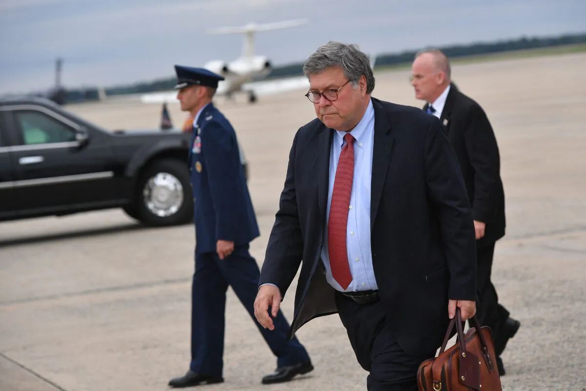 Attorney General William Barr steps off Air Force One upon arrival at Andrews Air Force Base, Md., on Sept. 1, 2020. (Mandel Ngan/AFP via Getty Images)
