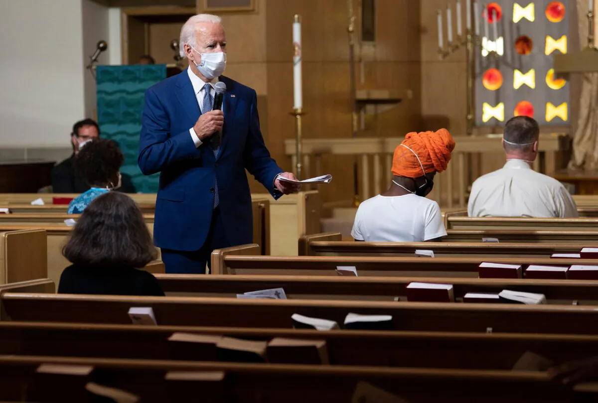 Democratic presidential candidate and former Vice President Joe Biden speaks at Grace Lutheran Church in the aftermath of the police shooting of Jacob Blake in Kenosha, Wis., on Sept. 3, 2020. (Jim Watson/AFP via Getty Images)