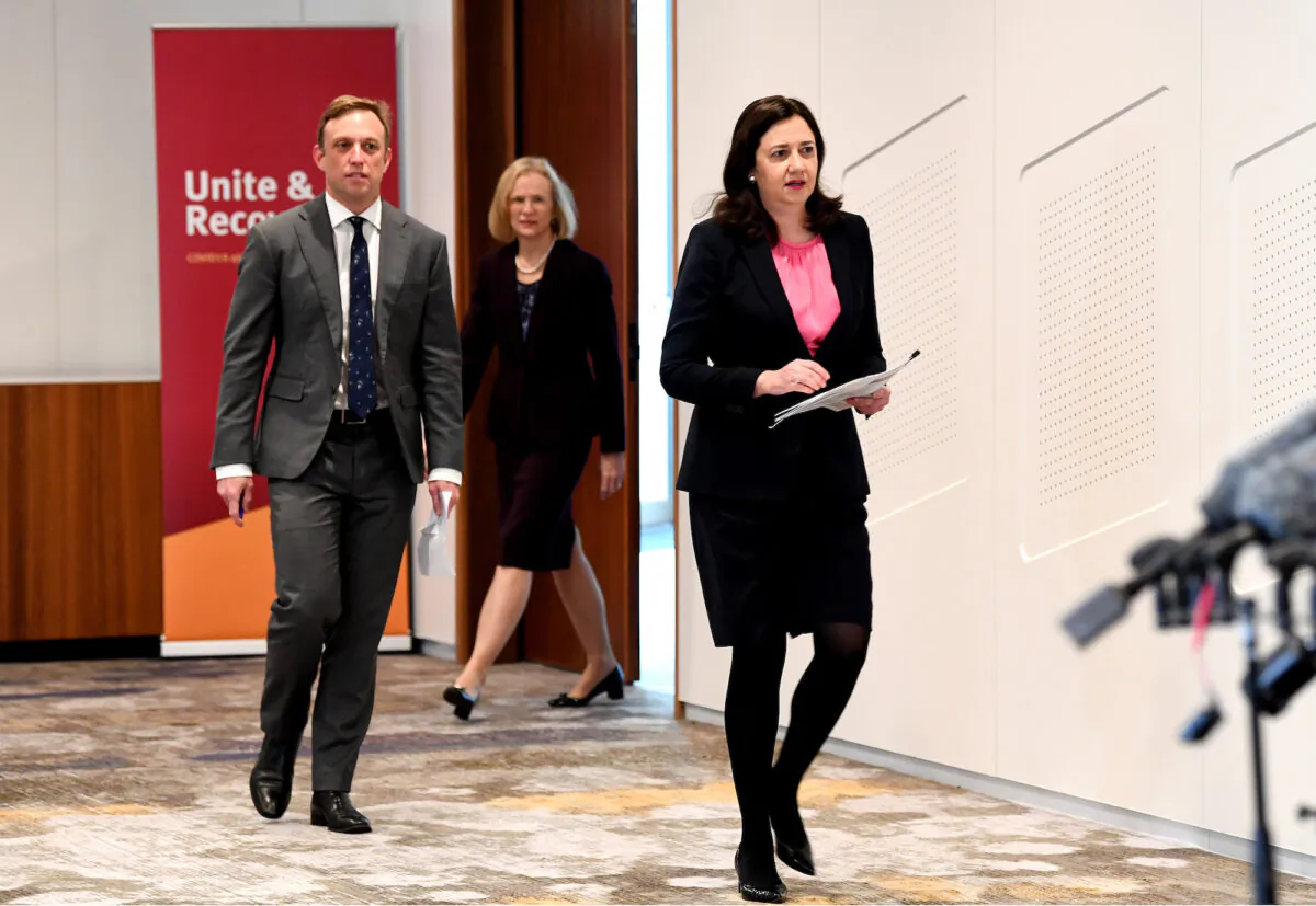 Premier Annastacia Palaszczuk, Queensland Deputy Premier Steven Miles and Queensland Chief Health Officer Dr Jeannette Young arrive at a press conference to give an update on Queensland COVID-19 Border Controls in Brisbane, Australia on June 30, 2020. (Photo by Bradley Kanaris/Getty Images)