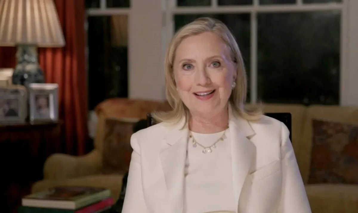 In this screenshot from the DNCC’s livestream of the 2020 Democratic National Convention, former first lady and Secretary of State Hillary Clinton addresses the virtual convention on Aug. 19, 2020. (DNCC via Getty Images)