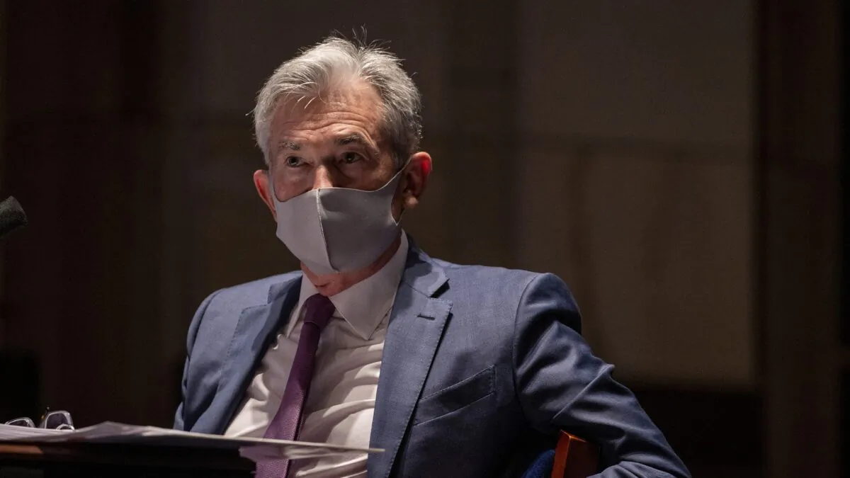 Federal Reserve Chairman Jerome Powell, wearing a face mask, on Capitol Hill in Washington, on June 30, 2020. (Tasos Katopodis/Pool via Reuters)