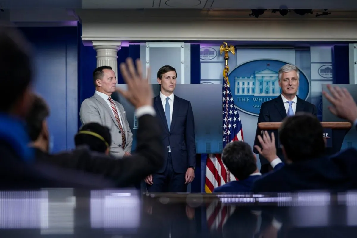 (L-R) Adviser to the president on Serbia-Kosovo Richard Grenell, senior adviser to the President Jared Kushner, and national security adviser Robert O'Brien take questions during a press briefing at the White House in Washington on Sept. 4, 2020. (Drew Angerer/Getty Images)