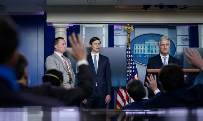 (L-R) Adviser to the president on Serbia-Kosovo Richard Grenell, senior adviser to the President Jared Kushner, and national security adviser Robert O'Brien take questions during a press briefing at the White House in Washington on Sept. 4, 2020. (Drew Angerer/Getty Images)