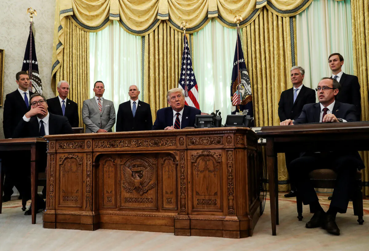 President Donald Trump speaks during a meeting with Serbia's President Aleksandar Vucic and Kosovo's Prime Minister Avdullah Hoti at the White House in Washington, on Sept. 4, 2020. (Leah Millis/Reuters)