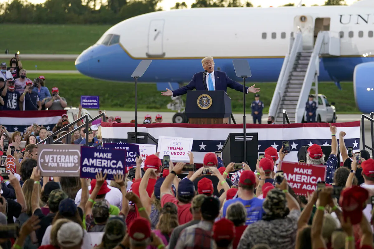 President Donald Trump addresses the crowd at a campaign event at the Arnold Palmer Regional Airport in Latrobe, Penn., on Sept. 3, 2020. (AP Photo/Keith Srakocic)