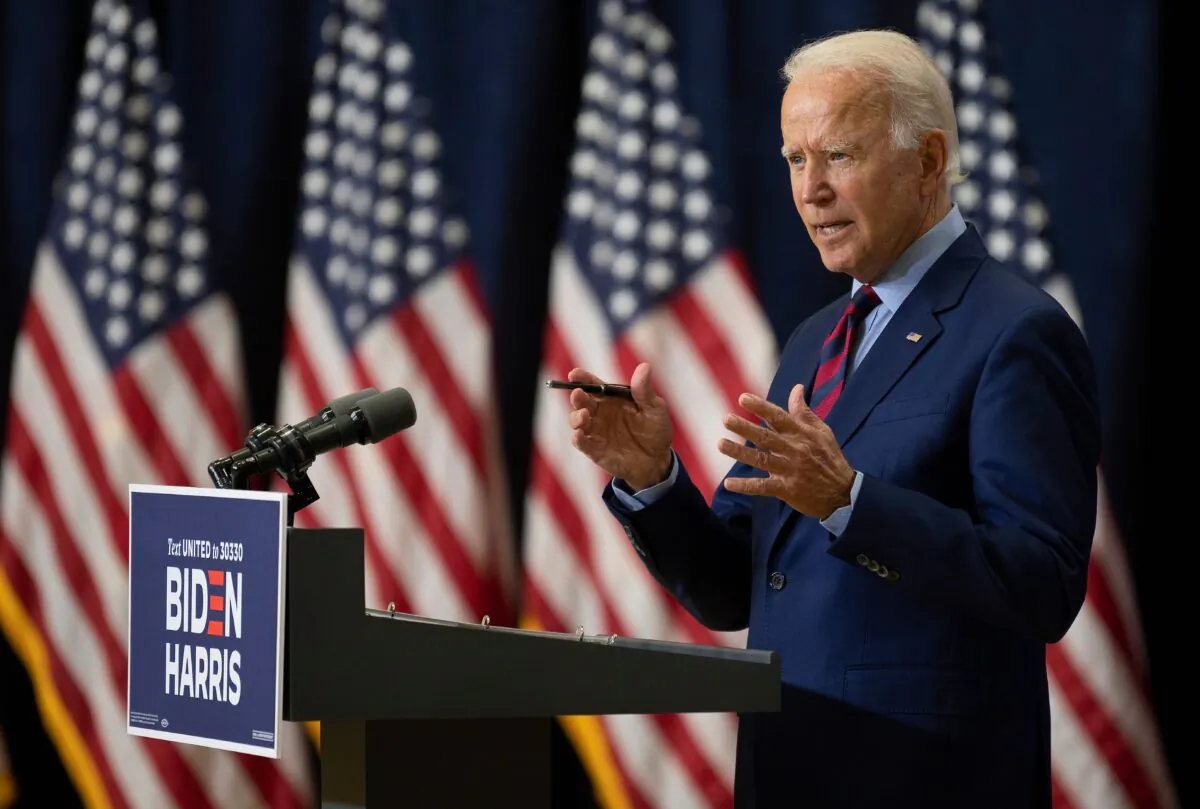 Democratic presidential nominee Joe Biden speaks on the state of the U.S. economy on Sept. 4, 2020, in Wilmington, Del. (Jim Watson/AFP via Getty Images)