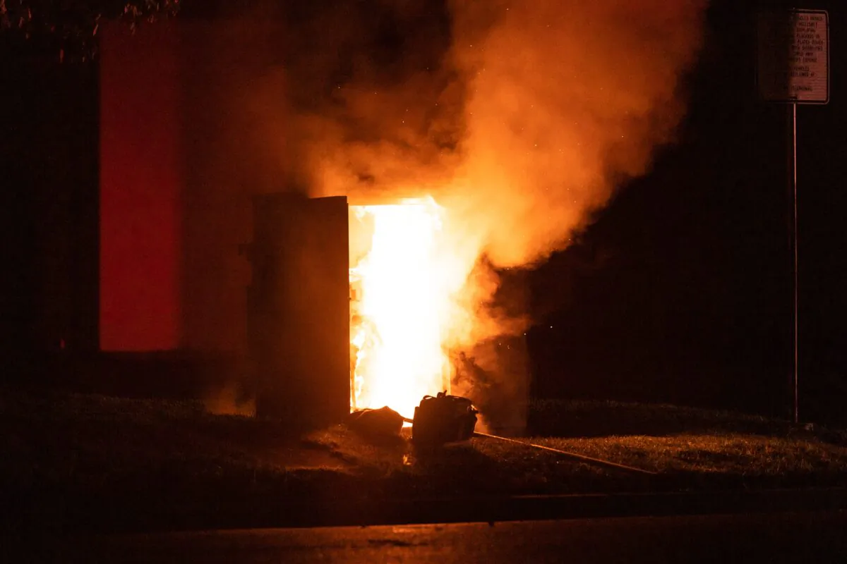 An electrical box on fire in Fountain Valley, Calif., on Sept. 4, 2020. (John Fredricks/The Epoch Times)