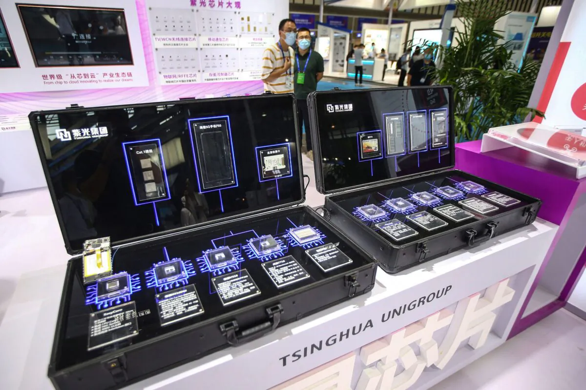 Chips by Tsinghua Unigroup are seen at the 2020 World Semiconductor Conference in Nanjing in China's eastern Jiangsu Province on Aug. 26, 2020. (STR/AFP via Getty Images)