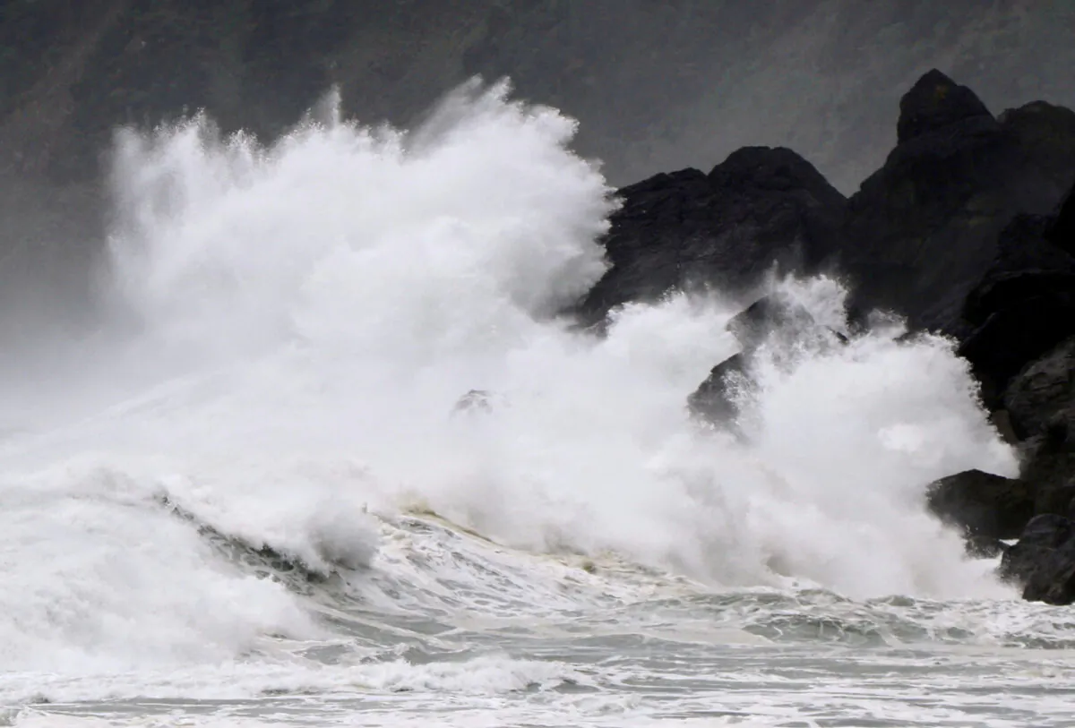 High waves triggered by Typhoon Haishen crash against the coast of Amami Oshima island, Kagoshima prefecture, Japan on Sept. 5, 2020. Kyodo via Reuters)