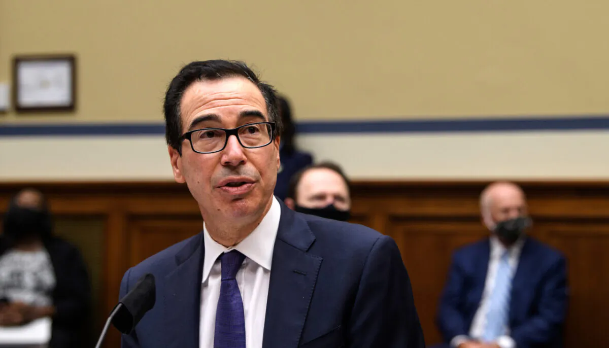 Treasury Secretary Steven Mnuchin testifies before the House Select Subcommittee on the Coronavirus Crisis on Capitol Hill in Washington on Sept. 1, 2020. (Nicholas Kamm/Pool/Getty Images)