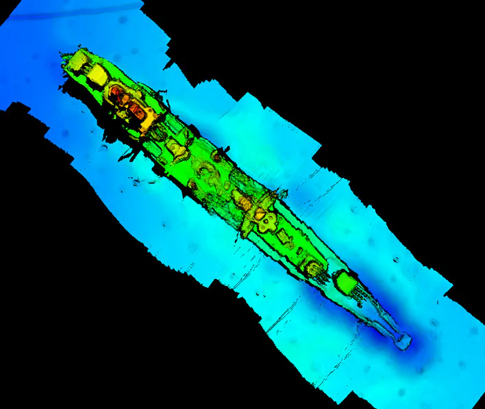 A sonar scan of sunken German WWII warship cruiser "Karlsruhe" that had been observed 13 nautical miles from Kristiansand in Norway, is seen in this undated photo obtained by Reuters on Sept. 7, 2020. (Statnett/Handout via Reuters)