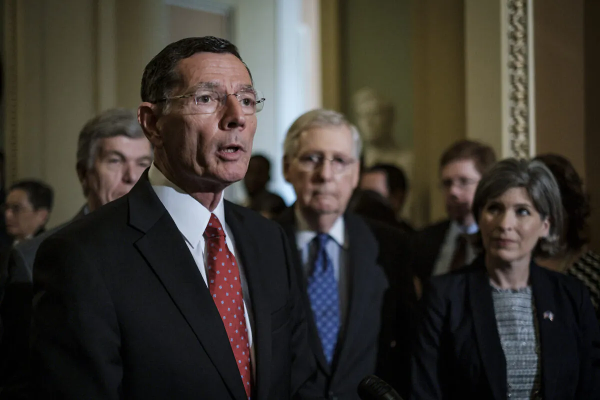 Senator John Barrasso (R-Wyo.) speaks to the media following their weekly policy luncheon in Washington, on April 30, 2019. (Pete Marovich/Getty Images)
