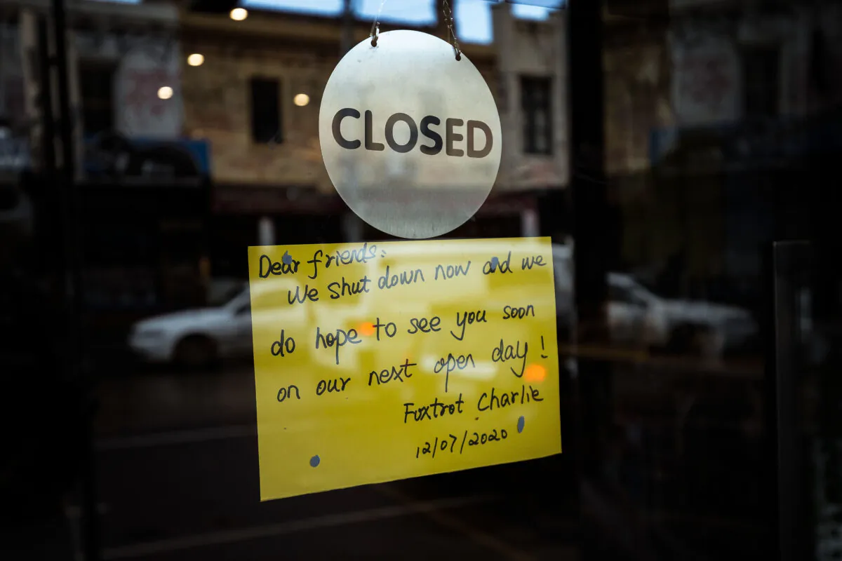 Shops on Sydney Road in Brunswick display signs informing customers of their closure in Melbourne, Australia on Aug. 5, 2020. (Darrian Traynor/Getty Images)