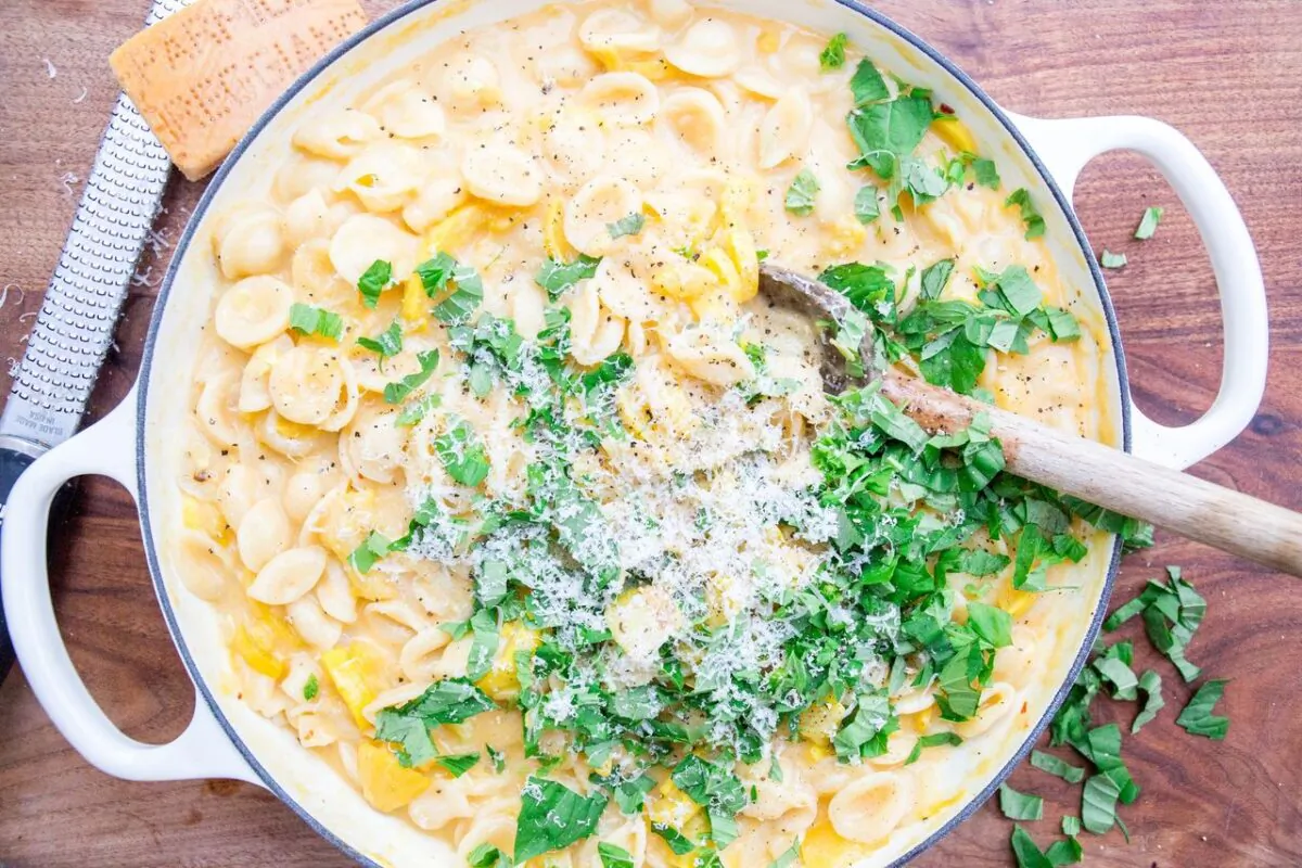 A generous topping of fresh basil helps round out this rich and creamy dish. (Caroline Chambers)