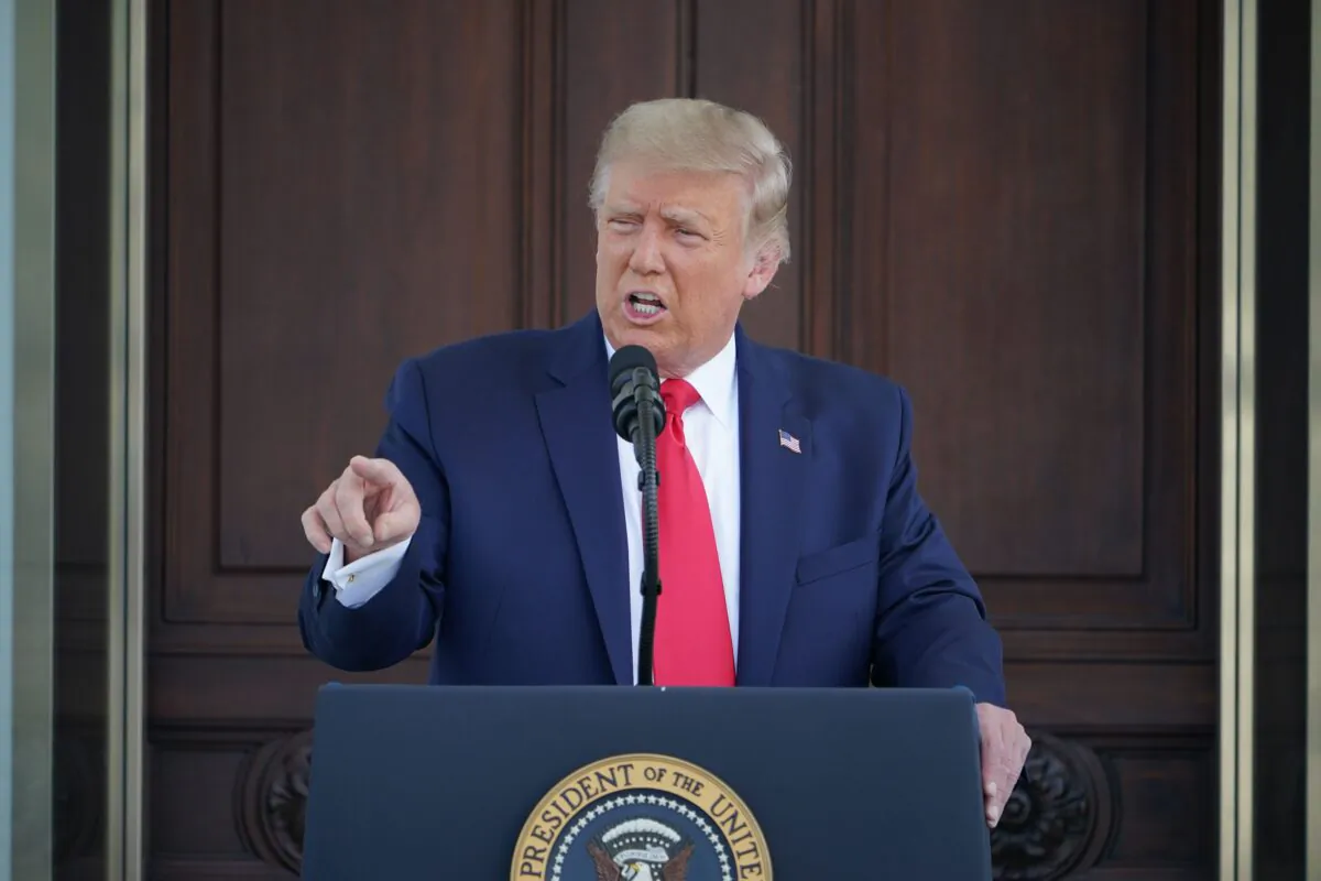 President Donald Trump speaks during a Labor Day press conference at the North Portico of the White House in Washington on Sept. 7, 2020. (Mandel Ngan/AFP via Getty Images)