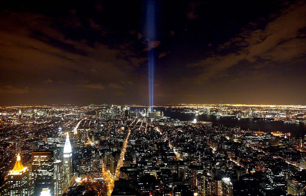 The "Tribute in Light" memorial to the World Trade Center is seen from the Empire State Building in New York City on April 3, 2002. (Mario Tama/Getty Images)
