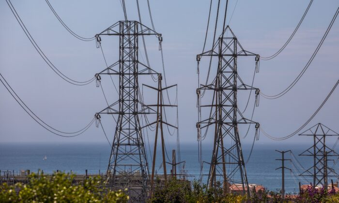 High tension towers are seen in Redondo Beach, Calif., on Aug. 16, 2020. (Apu Gomes/AFP via Getty Images)
