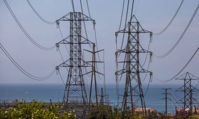 High tension towers are seen in Redondo Beach, Calif., on Aug. 16, 2020. (Apu Gomes/AFP via Getty Images)

