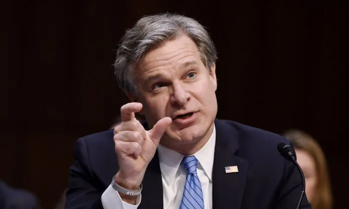 FBI Director Christopher Wray testifies before the Senate Homeland Security Committee in Washington on Nov. 5, 2019. (Olivier Douliery/AFP via Getty Images)