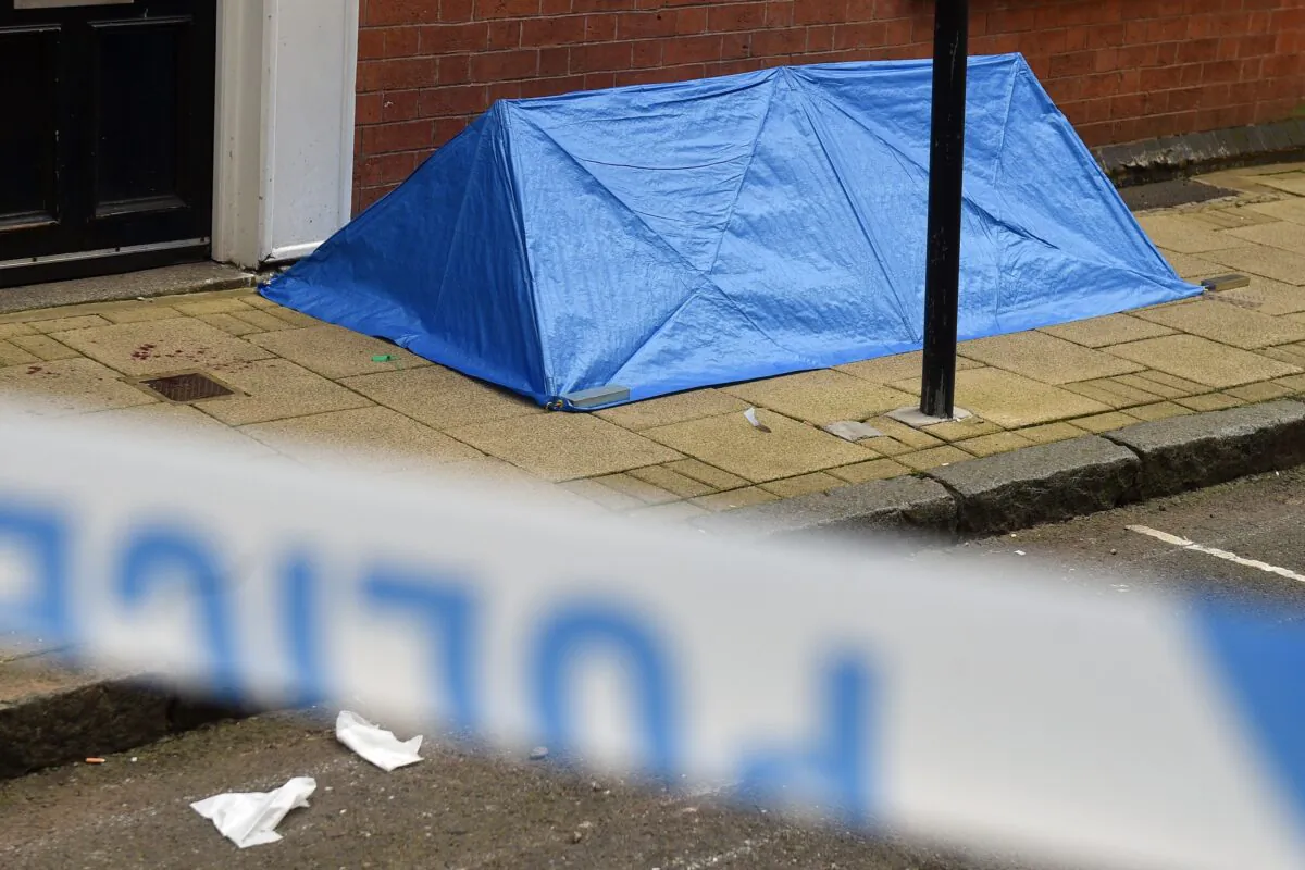 A forensics tent is seen at the junction of Church Street and Barwick Street following a major stabbing incident in the centre of Birmingham in central England on Sept. 6, 2020. (Oli Scarff/AFP via Getty Images)