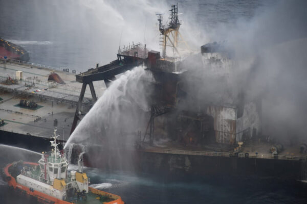 A Sri Lankan Navy boat sprays water