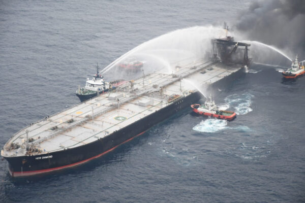 A Sri Lankan Navy boat sprays water