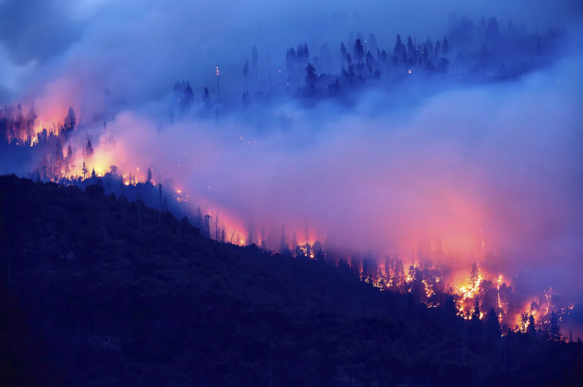 The Creek Fire burns along a hillside in the Cascadel Woods community of Madera County, Calif., on Sept. 7, 2020. (Noah Berger/AP Photo)