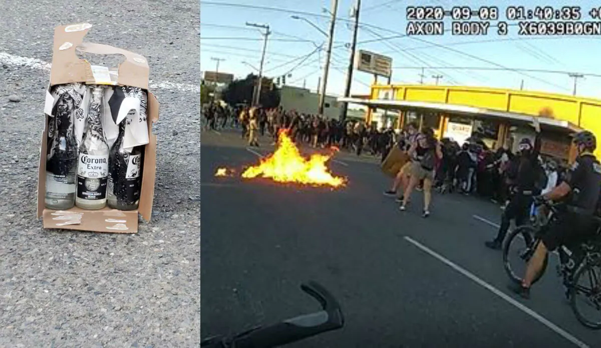 (L) An unexploded Molotov cocktail recovered from a riot in Seattle, Wash., on Sept. 7, 2020. (R) Flames are seen from a Molotov cocktail that was thrown at police officers. (Seattle Police Department)