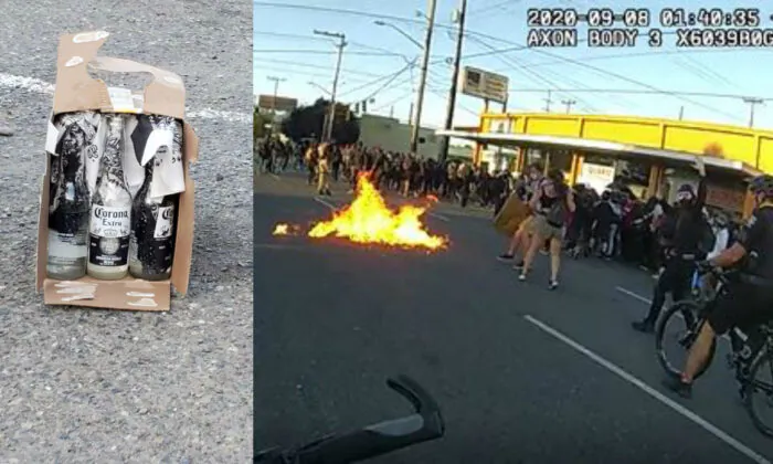 (L) An unexploded Molotov cocktail recovered from a riot in Seattle, Wash., on Sept. 7, 2020. (R) Flames are seen from a Molotov cocktail that was thrown at police officers. (Seattle Police Department)