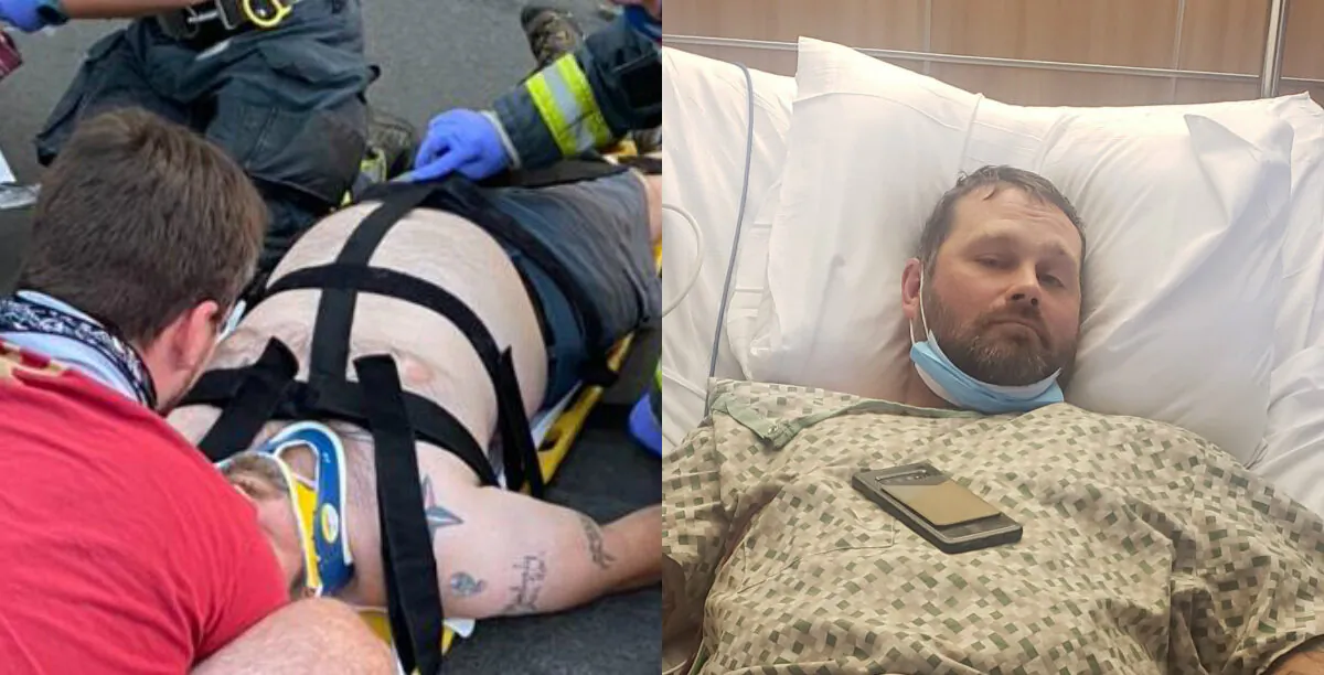 (L) Shane Moon lies on the ground after being struck by a vehicle in Vancouver, Wash., on Sept. 5, 2020. (R) Moon in the hospital recovering. (Shane was involved in a hit and run/GiveSendGo)