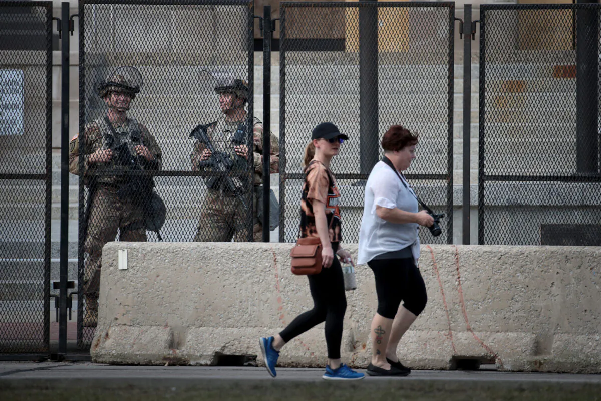 National Guard troops guard Kenosha County government buildings in the wake of unrest following the shooting of Jacob Blake in Kenosha, Wis., on Aug. 28, 2020. (Scott Olson/Getty Images)