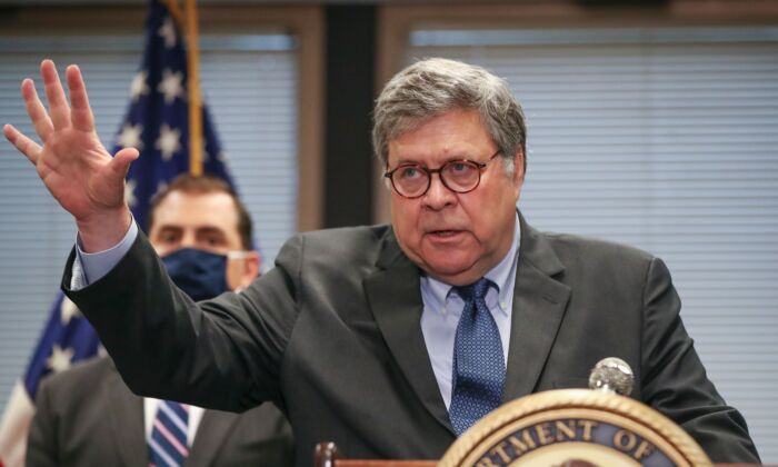 US Attorney General William Barr speaks on Operation Legend, the federal law enforcement operation, during a press conference in Chicago, Ill., on Sept. 9, 2020. (Kamil Krzaczynski/AFP via Getty Images)