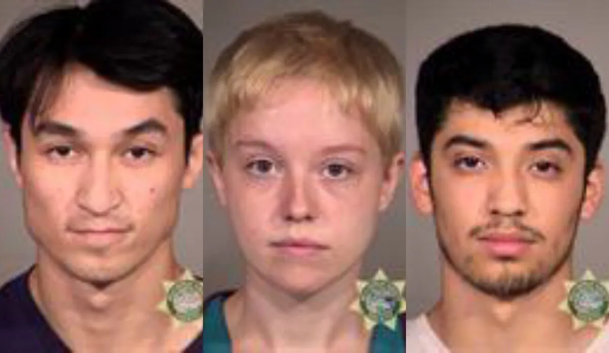 William Grant Reuland, left, Alexandra Eutin, center, and Pedro Aldo Ramos Jr. were charged with civil disorder for allegedly participating in rioting in Portland, Ore. in recent months. (Multnomah County Sheriff's Office)