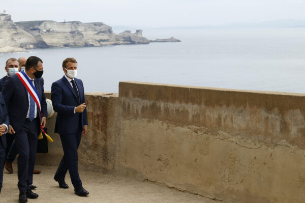 French president Emmanuel Macron and Bonifacio Mayor Jean Charles Orsucci left visit Bonifacio