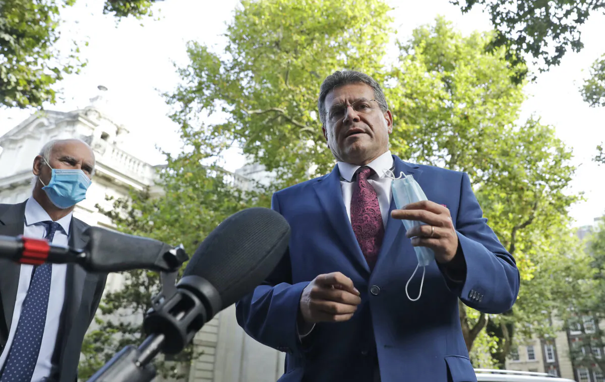 European Commission Vice President Maros Sefcovic addresses the media as he arrives at the Europa house in London, on Sept. 10, 2020. (Matt Dunham /AP Photo)