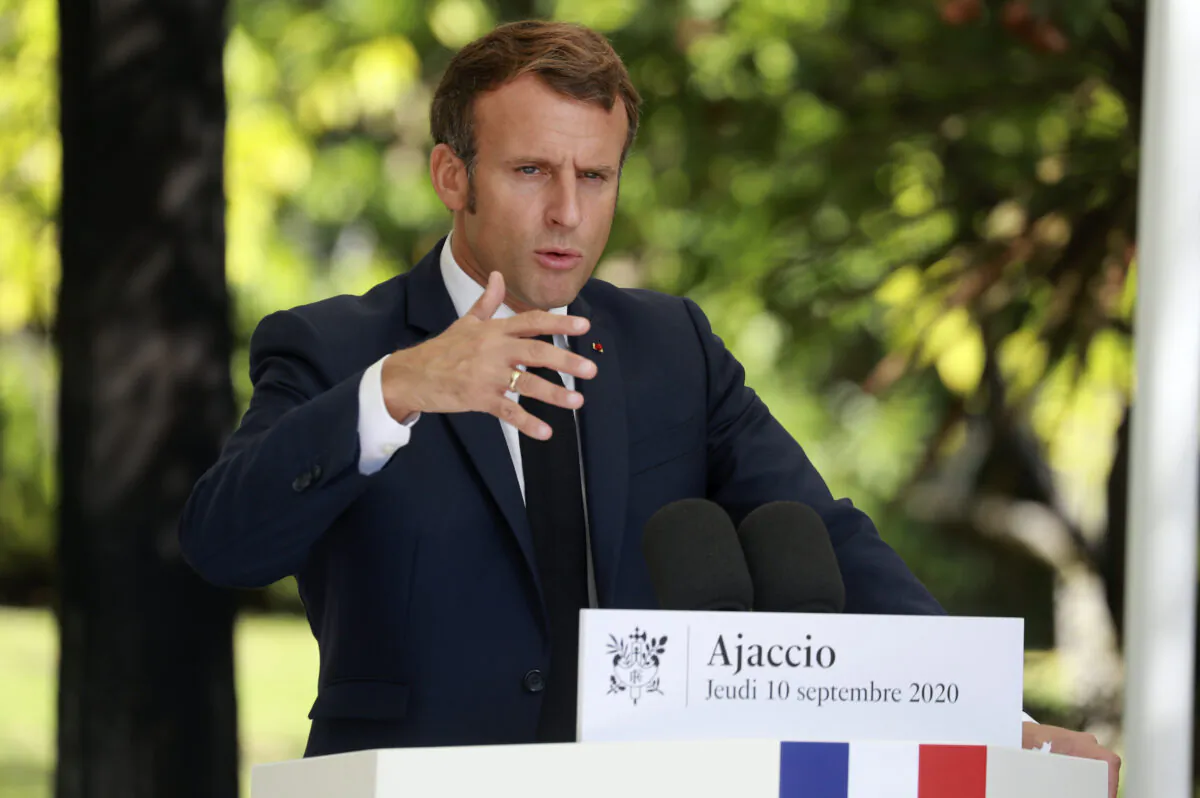 French President Emmanuel Macron gives a press conference at Corsica's prefecture in Ajaccio, Corsica island, on Sept.10, 2020. (Ludovic Marin/ AP Photo)