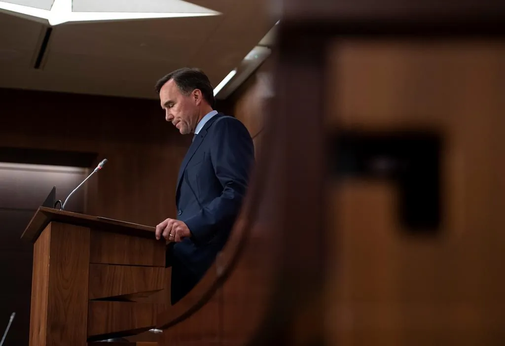 Minister of Finance Bill Morneau announces his resignation during a news conference on Parliament Hill in Ottawa, on Aug. 17, 2020. (The Canadian Press/Justin Tang)