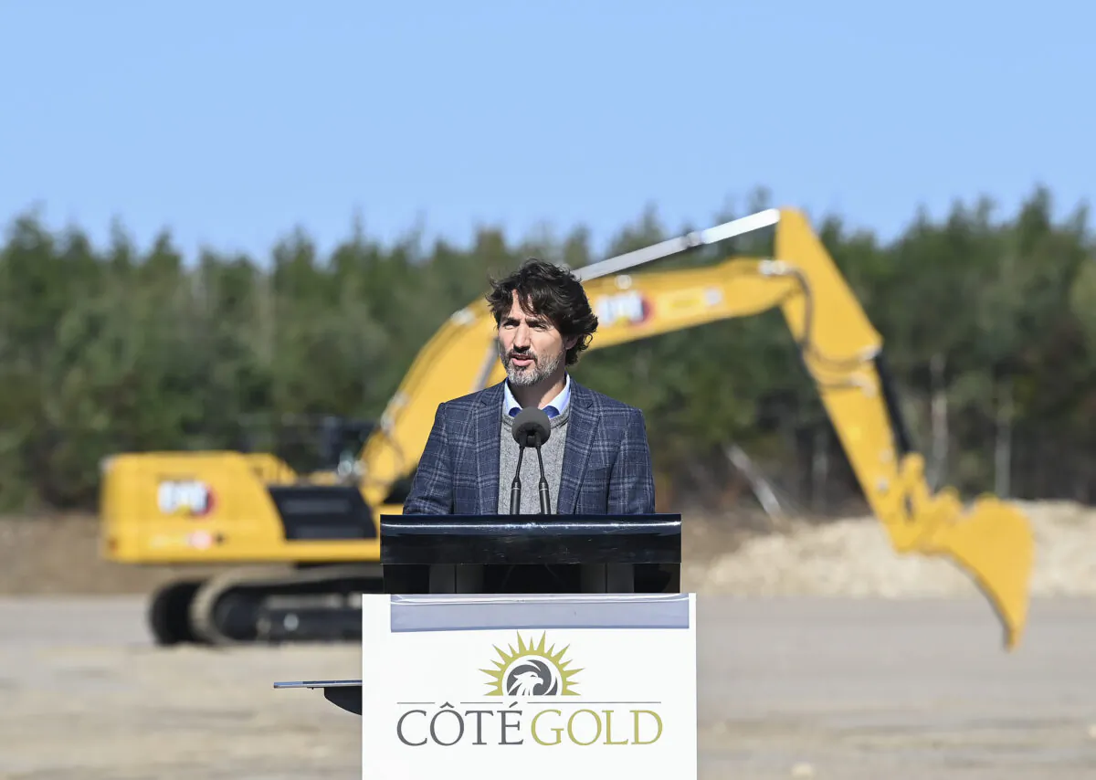 Canadian Prime Minister Justin Trudeau speaks while taking part in a ground breaking event at the Iamgold Cote Gold mining site in Gogama, Ont., on Sept. 11, 2020. (The Canadian Press/Nathan Denette)