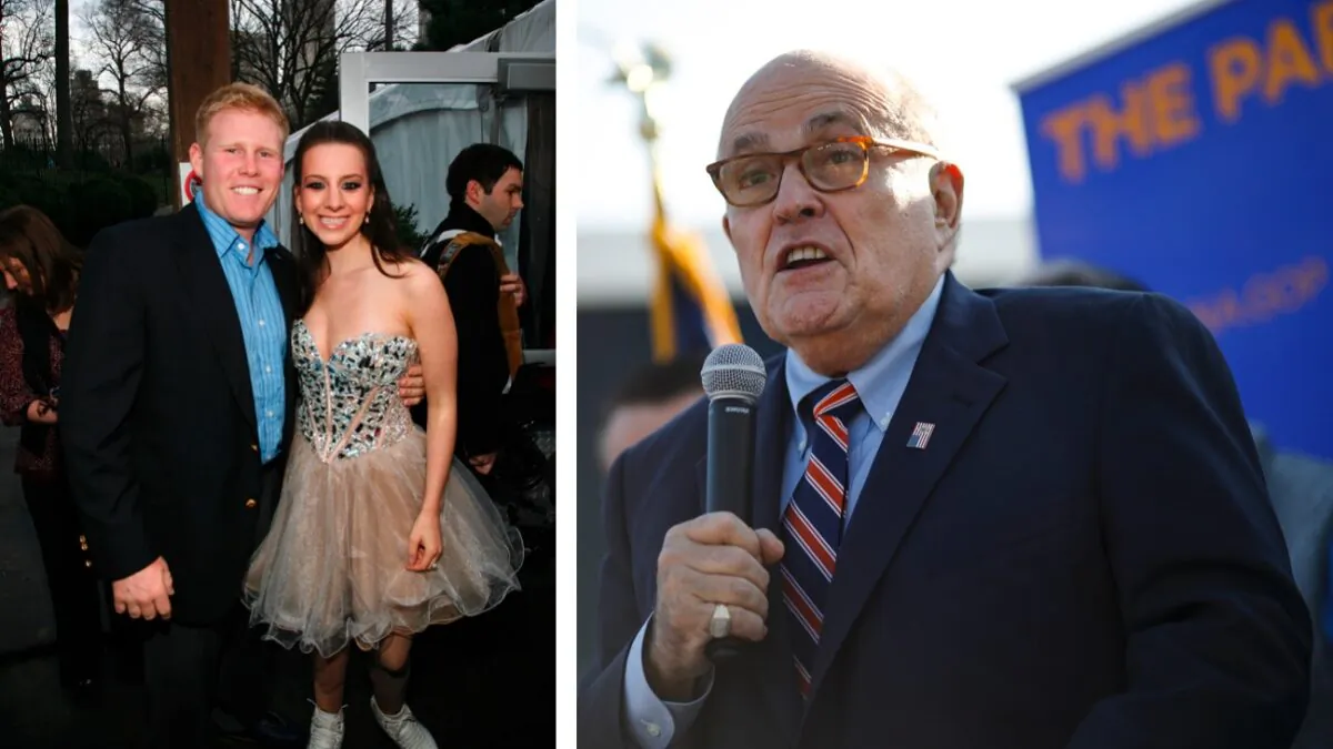 (L) Andrew Giuliani and Sarah Hughes attend an event in New York City, on April 4, 2011. (Andy Kropa/Getty Images). (R) Former New York City Mayor Rudy Giuliani speaks at an event in Franklin Township, Indiana, on Nov. 3, 2018. (Aaron P. Bernstein/Getty Images)
