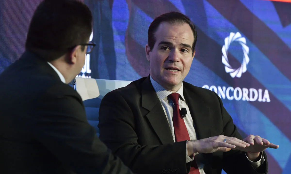 Mauricio Claver-Carone​ (R) attends the conversation 'Trump Administration Priorities in the Americas' at the 2019 Concordia Americas Summit in Bogota on May 14, 2019. (Gabriel Aponte/Getty Images for Concordia Summit)