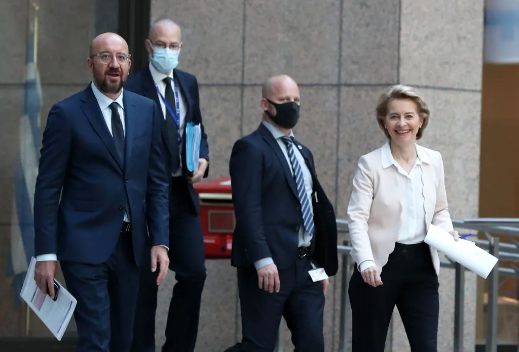 European Council President Charles Michel (L) and European Commission President Ursula von der Leyen (R) arrive to attend a press conference in Brussels on June 22, 2020. (Yves Herman/POOL/AFP via Getty Images)