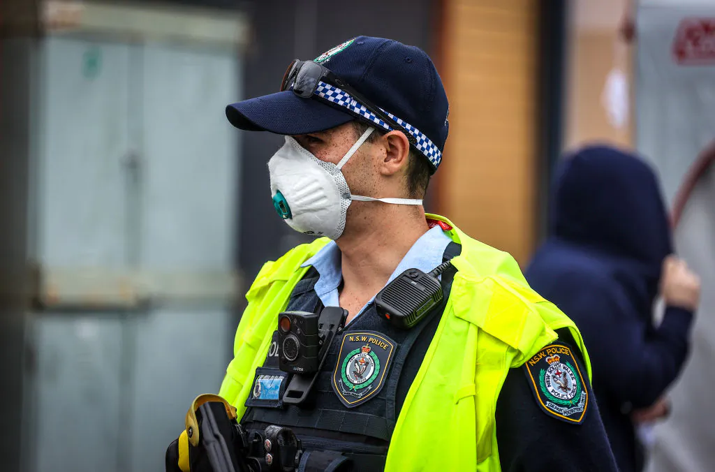 A NSW policeman wearing a face mask at a 'pop-up' clinic in Albury, Australia on July 7, 2020. (David Gray/Getty Images)