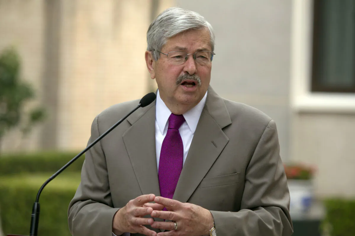 In this June 28, 2017, file photo, U.S. Ambassador to China Terry Branstad makes comments about pro-democracy activist and Nobel Laureate Liu Xiaobo during a photocall and remarks to journalists at the Ambassador's residence in Beijing. (AP Photo/Ng Han Guan, File)