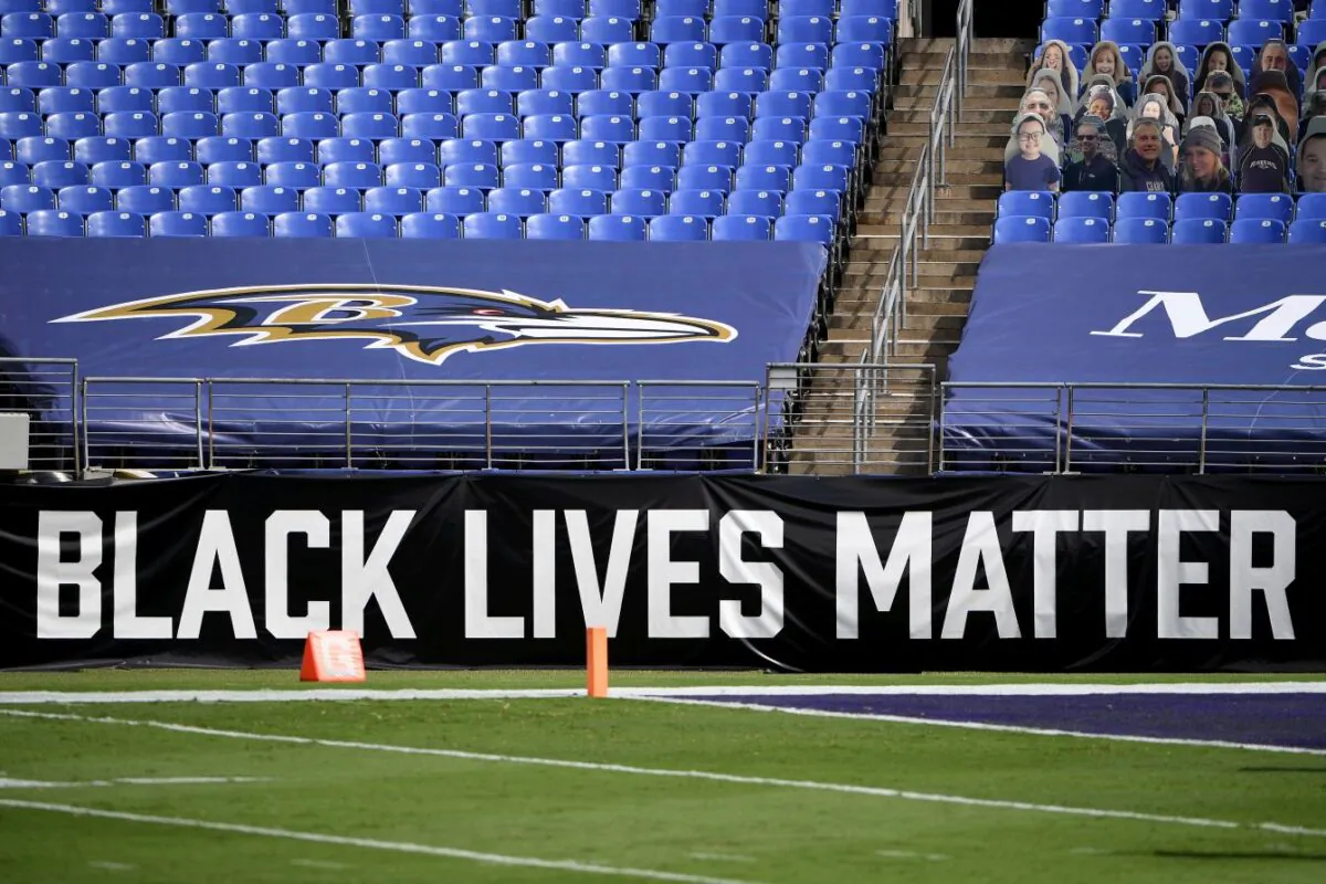 A Black Lives Matter banner is seen prior to the game between the Baltimore Ravens and the Cleveland Browns at M&T Bank Stadium in Baltimore, Maryland, on Sept. 13, 2020. (Will Newton/Getty Images)