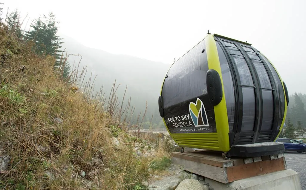 A gondola used as a sign is pictured at the base of the Sea to Sky Gondola in Squamish, B.C. on September 14, 2020. (The Canadian Press/Jonathan Hayward)