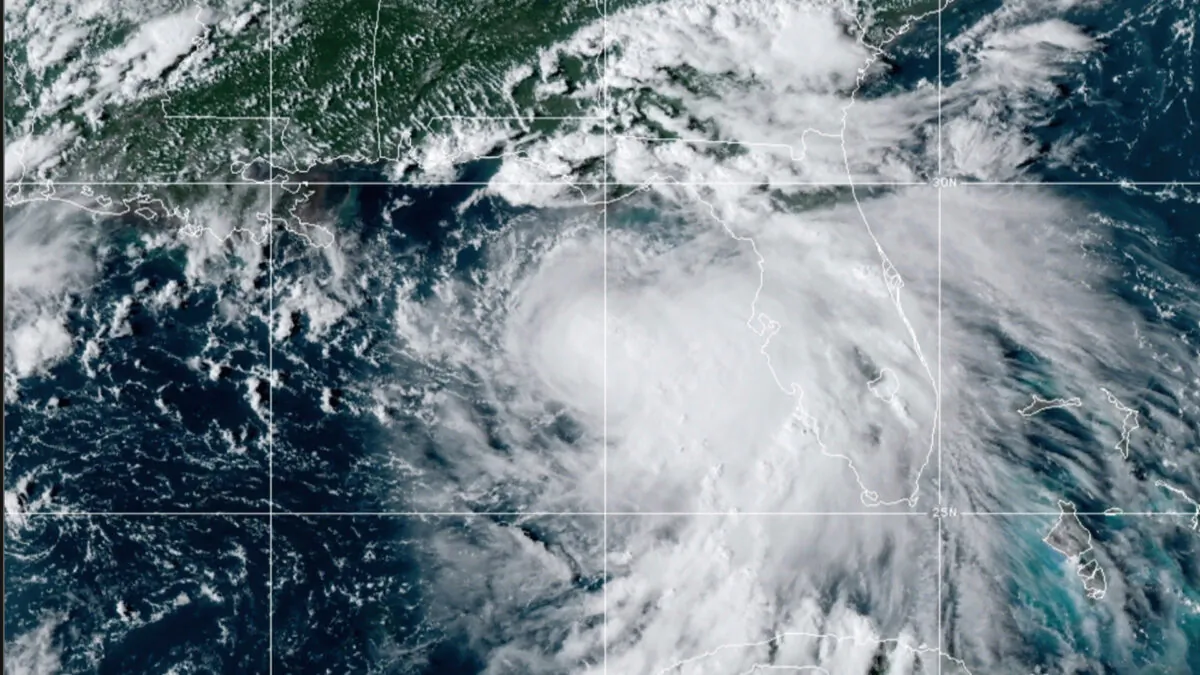 Tropical Storm Sally, at 2050 GMT on Sept. 13, 2020. (NOAA via AP)
