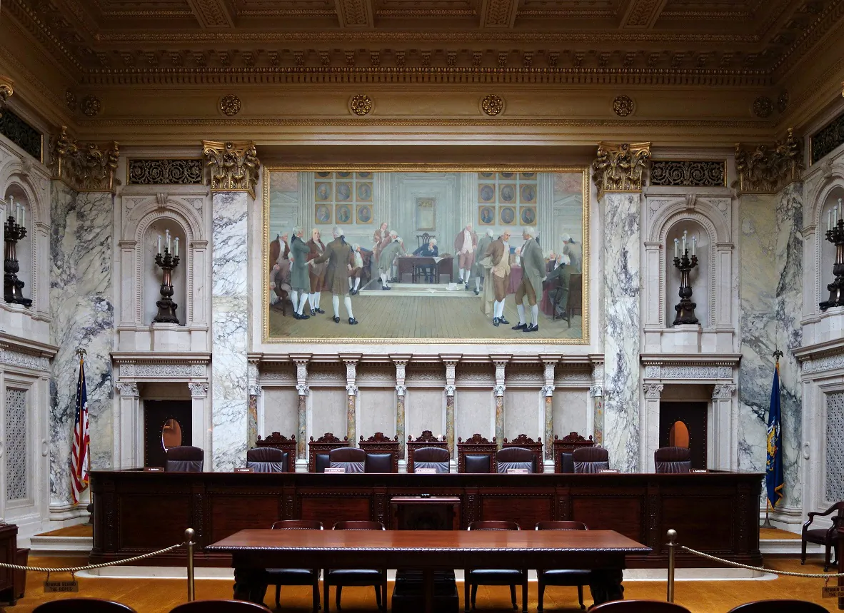 Interior view of the Wisconsin Supreme Court courtroom, inside the Wisconsin State Capitol building, Madison, Wisconsin, on July 24, 2013. (CCO 1.0 via Wikipedia)