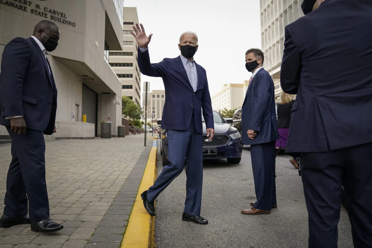 Democratic presidential nominee Joe Biden departs the Delaware State Building after early voting in the state's primary election, in Wilmington, Del., Sept. 14, 2020. (Drew Angerer/Getty Images)