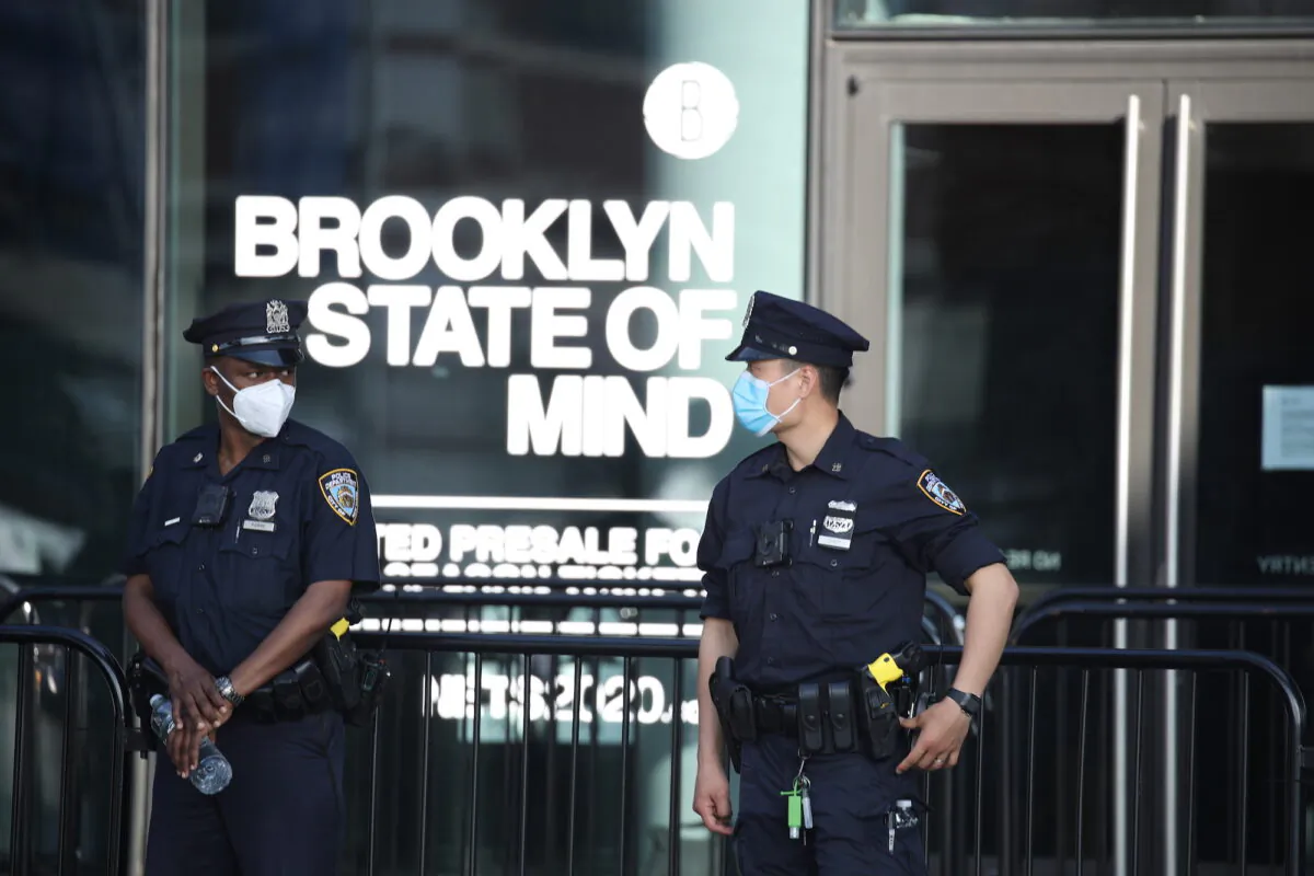 NYPD Officers gather in front of the Barclays Center prior to a protest on in Brooklyn, N.Y., on May 29, 2020. (Justin Heiman/Getty Images)